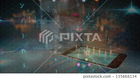 Showing smartphone displaying silhouettes on honeycomb grid, with financial chart and code streams Showing smartphone displaying silhouettes on honeycomb grid, with financial chart and code streams 135668134