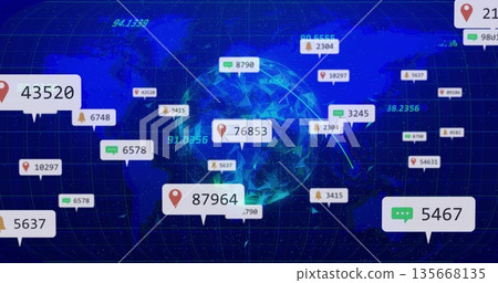 Displaying low-poly globe rotating over neon grid map, with floating pins bubbles bells data points 135668135