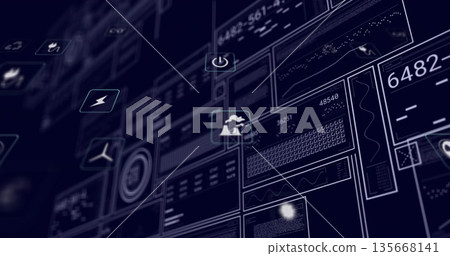 Showing factory icon sending smoke above data dashboard panels, with graphs, floating icons Showing factory icon sending smoke above data dashboard panels, with graphs, floating icons 135668141