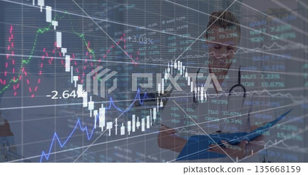 Reviewing digital financial charts, nurse in scrubs and stethoscope holding clipboard, copy space 135668159