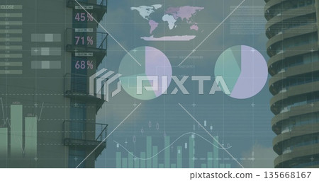Displaying data overlay over urban facades, showing pie charts, bar charts, line graph, world map Displaying data overlay over urban facades, showing pie charts, bar charts, line graph, world map 135668167