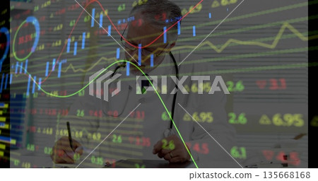 Writing doctor wearing lab coat and stethoscope filling notes in office, with stock chart overlays Writing doctor wearing lab coat and stethoscope filling notes in office, with stock chart overlays 135668168