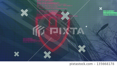 Showing shield icon on wall, with padlock fingerprint, code and x marks, streetlamp, bare branches Showing shield icon on wall, with padlock fingerprint, code and x marks, streetlamp, bare branches 135668178