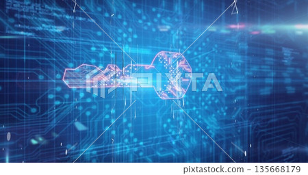 Displaying holographic key icon glowing against blue network interface, circuit traces, data nodes 135668179