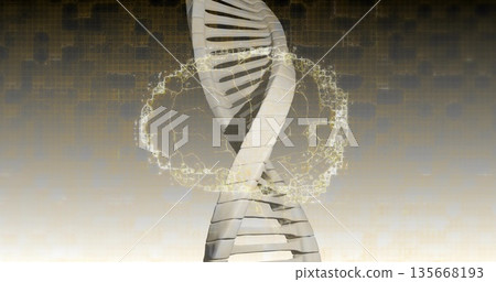 Displaying DNA helix floating among grid lines with hexagonal motifs, golden molecular ring 135668193