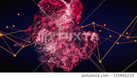 Swirling pinkish-red particle cloud forming golden lines and spherical nodes in virtual space Swirling pinkish-red particle cloud forming golden lines and spherical nodes in virtual space 135668229