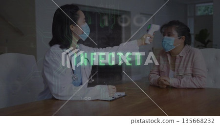 Extending mask-wearing doctor with stethoscope measuring patient temp in clinic with thermometer Extending mask-wearing doctor with stethoscope measuring patient temp in clinic with thermometer 135668232