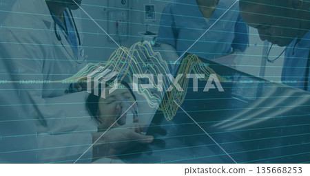 Healthcare team monitoring female patient wearing oxygen mask in ICU, with ECG readouts overlay Healthcare team monitoring female patient wearing oxygen mask in ICU, with ECG readouts overlay 135668253