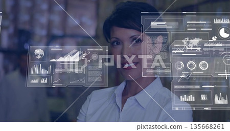 Standing warehouse manager in white shirt analyzing inventory, with dashboards, crates, copy space Standing warehouse manager in white shirt analyzing inventory, with dashboards, crates, copy space 135668261