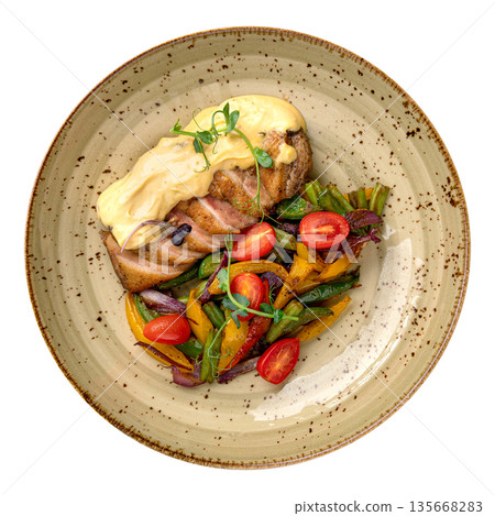 Isolated duck medallion with vegetables and sauce Isolated duck medallion with vegetables and sauce 135668283