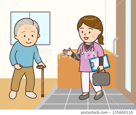 A female nurse and an elderly man visiting their home for home medical care A female nurse and an elderly man visiting their home for home medical care 135668310