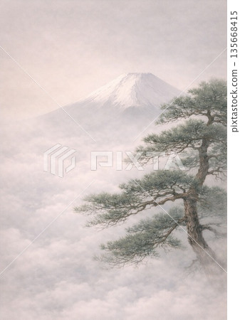 Fantastic pine trees and Mt. Fuji floating in a sea of clouds 135668415