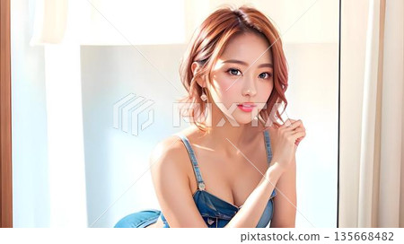 A young woman standing at the window 135668482