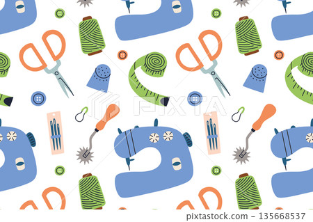 Sewing and craft pattern with sewing machine and tools for handmade creativity. Flat cartoon vector illustration for textile design, DIY projects, workshops, packaging, fabric prints, hobby themes 135668537