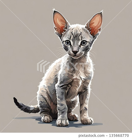 一隻康沃爾雷克斯貓幼崽坐著，前爪併攏的插圖 135668770