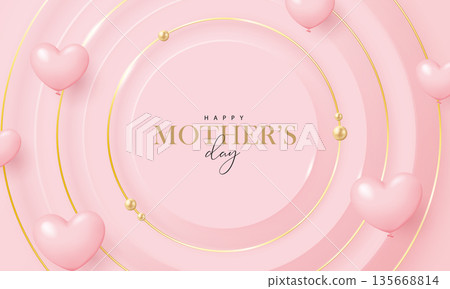3D stereoscopic circular frame with heart-shaped balloons, vector image for Mother's Day banners, posters, flyers, and backgrounds; also suitable for Women's Day, Valentine's Day, anniversaries, and weddings. 135668814
