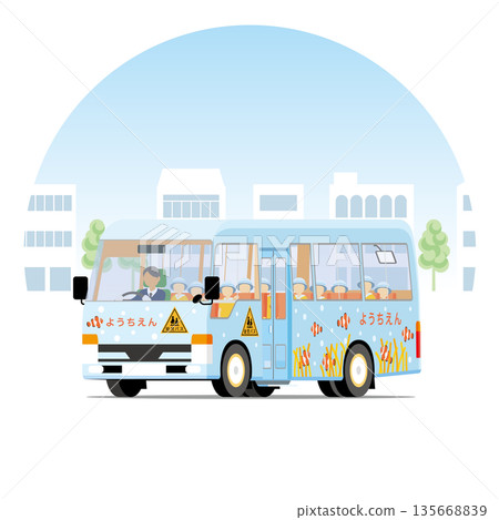A light blue kindergarten shuttle bus (facing diagonally forward) running through town, with children inside. A light blue kindergarten shuttle bus (facing diagonally forward) running through town, with children inside. 135668839