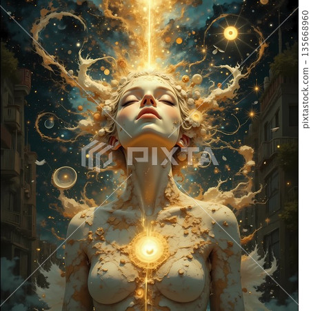 一位美麗的女子沐浴在絢麗的金光之中。 135668960