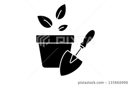 業餘園藝：花盆和鏟子的簡單圖示插圖 135668998