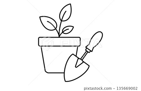 Hobby gardening: simple icon illustration of a flowerpot and a shovel 135669002