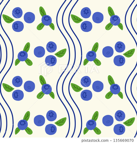 Hand drawn vector seamless pattern with repeating blueberry clusters, green leaves and flowing decorative lines on light background. The concept represents natural food design, healthy lifestyle 135669070
