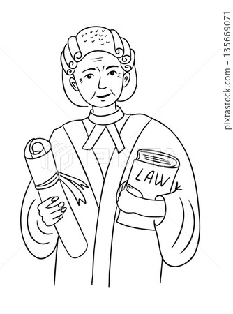 Hand drawn vector illustration of a judge holding law book and legal document in traditional robe. The concept represents justice system, legal authority and professional responsibility Hand drawn vector illustration of a judge holding law book and legal document in traditional robe. The concept represents justice system, legal authority and professional responsibility 135669071