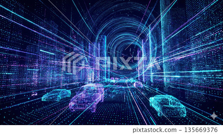 一個以詳細點雲數據描繪的賽博朋克智慧城市：移動車輛、通訊和基礎設施的數位孿生模型 135669376