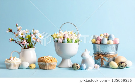 Colorful Easter background featuring painted eggs and spring tulips for a festive holiday celebration with floral blossoms and nature-inspired decorations in pink and yellow art design Colorful Easter background featuring painted eggs and spring tulips for a festive holiday celebration with floral blossoms and nature-inspired decorations in pink and yellow art design 135669536