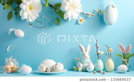 Colorful Easter background featuring painted eggs and spring tulips for a festive holiday celebration with floral blossoms and nature-inspired decorations in pink and yellow art design 135669537