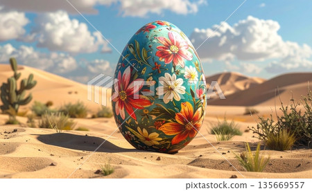 Colorful 3d painted easter eggs with unique patterns rest on desert sand dunes as a spring holiday celebration symbol representing a world globe planet sphere in a creative earth design illustration 135669557