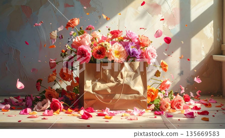 A festive red Christmas gift box adorned with a gold ribbon bow sits beside a pink rose flower bouquet and holiday decorations for a celebratory Valentine or wedding present A festive red Christmas gift box adorned with a gold ribbon bow sits beside a pink rose flower bouquet and holiday decorations for a celebratory Valentine or wedding present 135669583