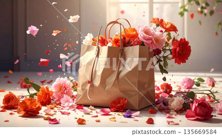 A festive red Christmas gift box adorned with a gold ribbon bow sits beside a pink rose flower bouquet and holiday decorations for a celebratory Valentine or wedding present 135669584