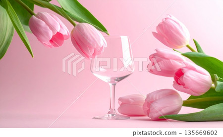 A fresh spring bouquet of blooming pink tulips with green leaves is isolated on a white background as a beautiful floral gift representing nature and romance A fresh spring bouquet of blooming pink tulips with green leaves is isolated on a white background as a beautiful floral gift representing nature and romance 135669602