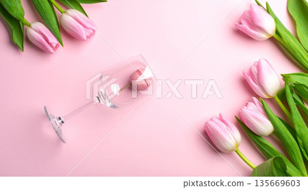 A fresh spring bouquet of blooming pink tulips with green leaves is isolated on a white background as a beautiful floral gift representing nature and romance 135669603