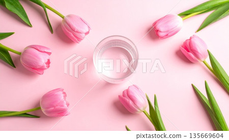 A fresh spring bouquet of blooming pink tulips with green leaves is isolated on a white background as a beautiful floral gift representing nature and romance 135669604