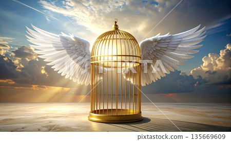 3D illustration of a vintage golden angel with wings flying by an open metal birdcage near a Christmas tree in a winter snow sky background as a symbol of freedom from a glass prison 135669609