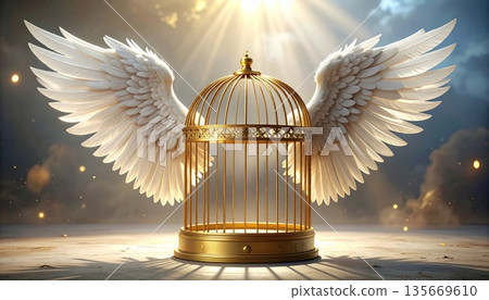 3D illustration of a vintage golden angel with wings flying by an open metal birdcage near a Christmas tree in a winter snow sky background as a symbol of freedom from a glass prison 135669610