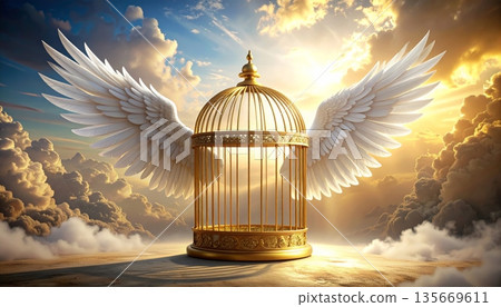 3D illustration of a vintage golden angel with wings flying by an open metal birdcage near a Christmas tree in a winter snow sky background as a symbol of freedom from a glass prison 3D illustration of a vintage golden angel with wings flying by an open metal birdcage near a Christmas tree in a winter snow sky background as a symbol of freedom from a glass prison 135669611