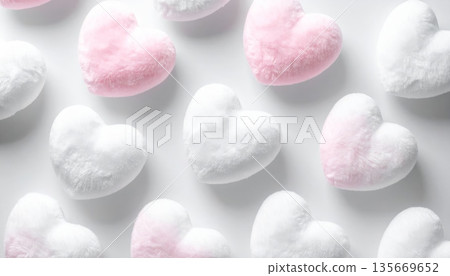 Sweet pink and white heart-shaped chocolate candies and marshmallows create a colorful pastel dessert arrangement for a romantic Valentine's Day holiday celebration isolated on a bright background 135669652