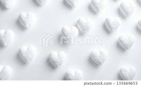 Sweet pink and white heart-shaped chocolate candies and marshmallows create a colorful pastel dessert arrangement for a romantic Valentine's Day holiday celebration isolated on a bright background 135669653