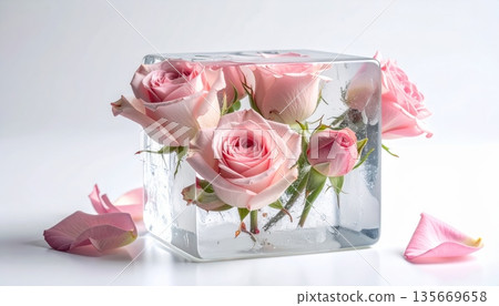 A romantic bouquet of blooming pink roses in a glass vase serves as a beautiful floral decoration for a Valentine's Day gift or wedding celebration 135669658