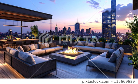 Luxury hotel room at night overlooking the Moscow skyline with illuminated skyscrapers and a bridge over the river in the urban downtown cityscape 135669689