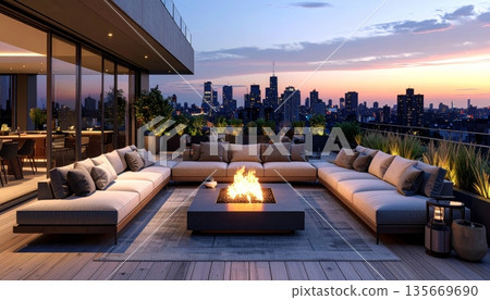 Luxury hotel room at night overlooking the Moscow skyline with illuminated skyscrapers and a bridge over the river in the urban downtown cityscape 135669690