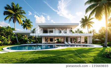 A beautiful tropical resort hotel with palm trees overlooks the turquoise sea and ocean waves under a clear summer sky during a luxury island vacation 135669693