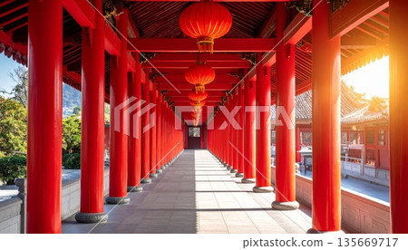 Ancient red wooden columns form a perspective walkway through the interior architecture of an old Japanese temple corridor in Kyoto Japan Ancient red wooden columns form a perspective walkway through the interior architecture of an old Japanese temple corridor in Kyoto Japan 135669717