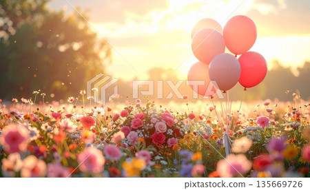 Colorful hot air balloons fly through a vibrant orange sunset sky with floating clouds during a happy celebration party 135669726