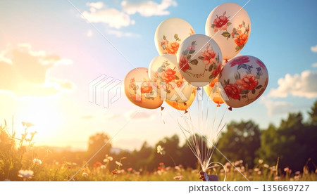 Colorful hot air balloons fly through a vibrant orange sunset sky with floating clouds during a happy celebration party 135669727