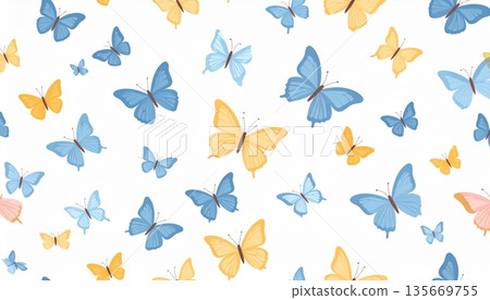 Colorful spring nature vector illustration of a seamless pattern with butterflies featuring artistic summer insect wings and floral decoration for a beauty wallpaper design 135669755