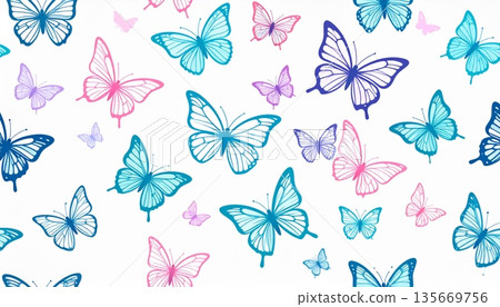 Colorful spring nature vector illustration of a seamless pattern with butterflies featuring artistic summer insect wings and floral decoration for a beauty wallpaper design 135669756