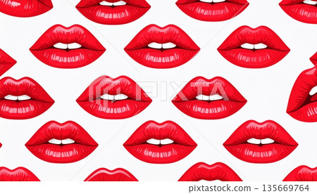 Vector illustration set of cartoon woman lips and mouth expressions with red lipstick and pink makeup featuring a smile with teeth for beauty glamour and love print design Vector illustration set of cartoon woman lips and mouth expressions with red lipstick and pink makeup featuring a smile with teeth for beauty glamour and love print design 135669764